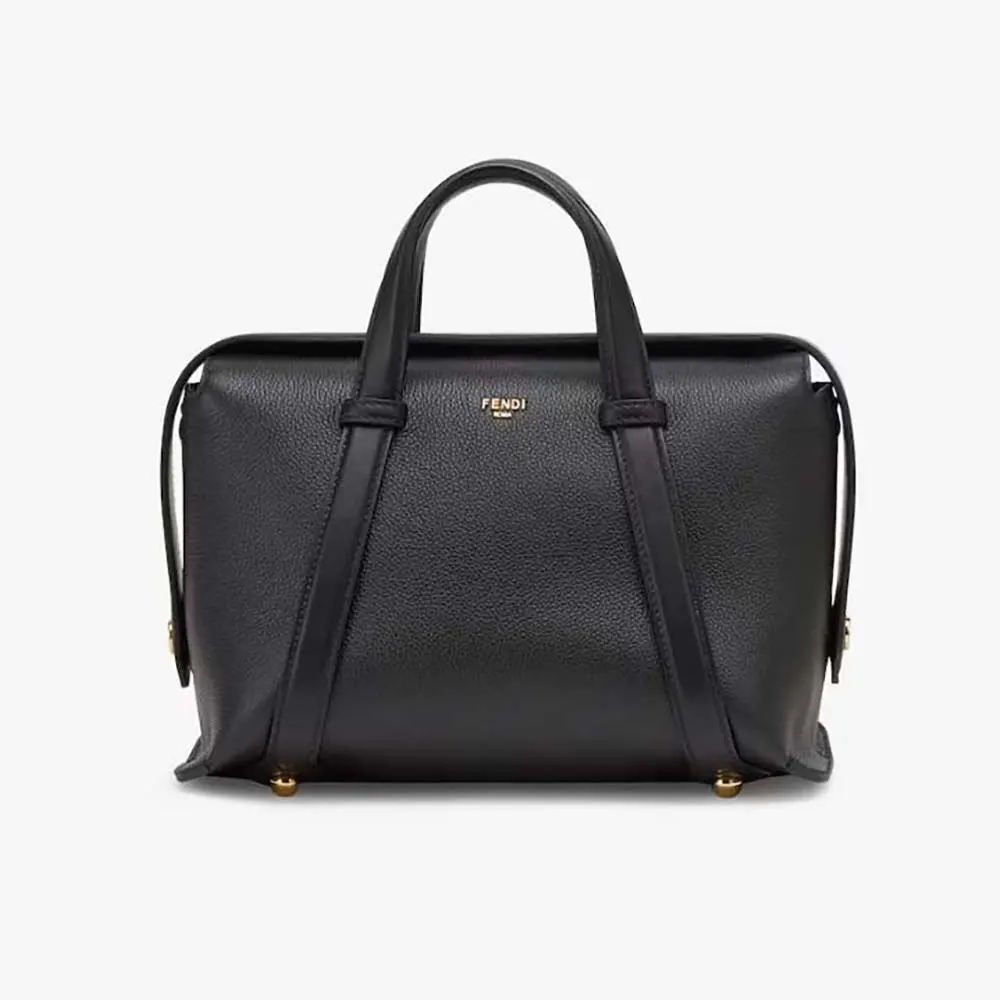 Front view of Fendi Women Boston 365 Black Leather Bag showcasing hardware