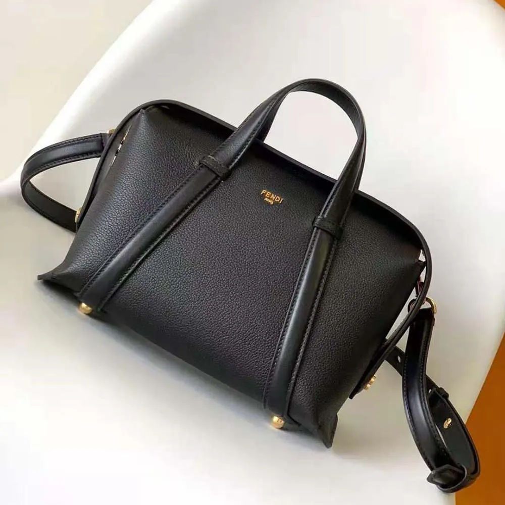 Close-up of gold-tone closure on Fendi Women Boston 365 Black Leather Bag