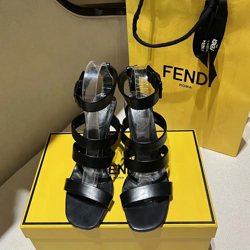 Overhead shot showing silhouette of Fendi Women First Black Leather Sandals
