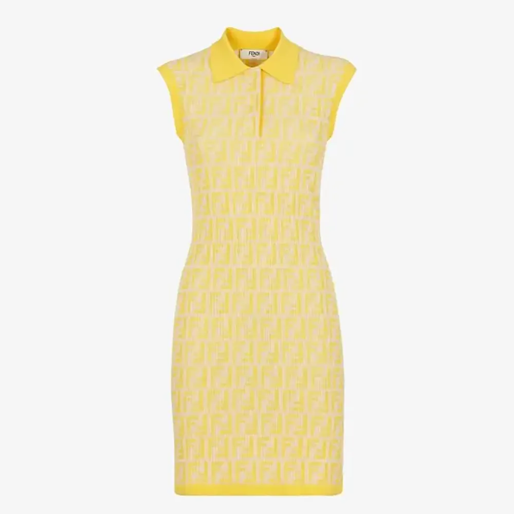 Front view of Fendi Women Golden Yellow FF Cotton Dress