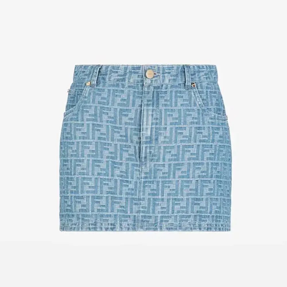 Front view of Fendi Women Jeans Skirt Light Blue FF Denim Skirt