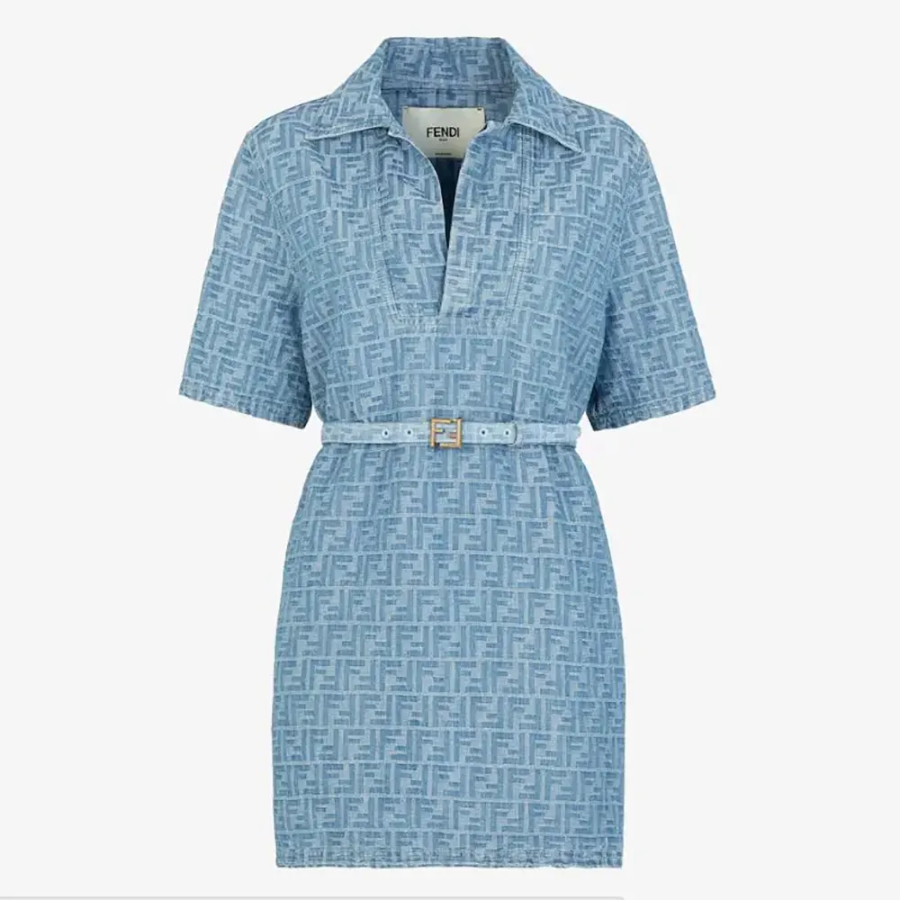 Front view of Fendi Women Light Blue FF Denim Dress showcasing flared silhouette