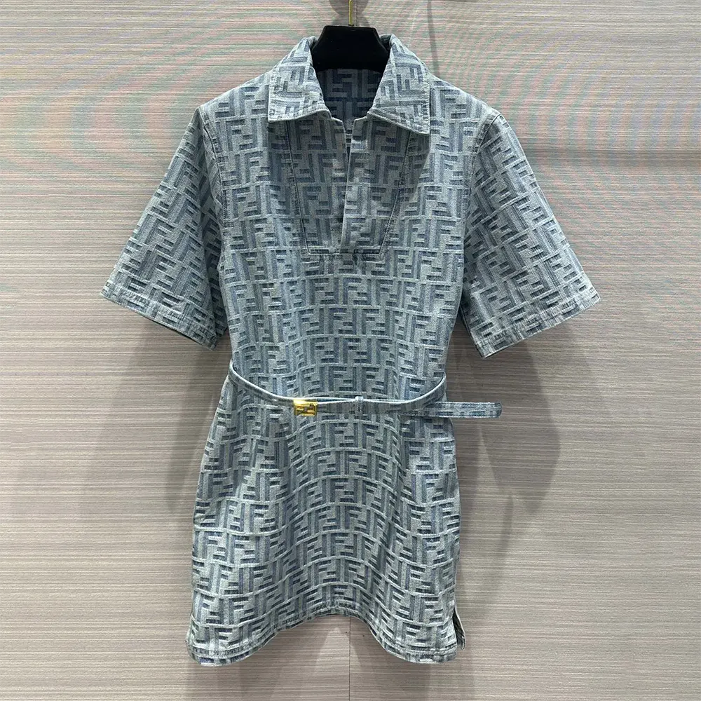 Close-up of Fendi Women Light Blue FF Denim Dress with FF logo embroidery