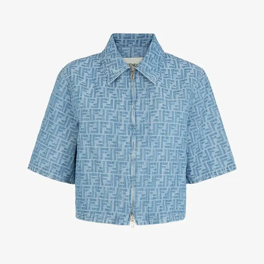 Front view of Fendi Women Light Blue FF Denim Jacket showing logo print