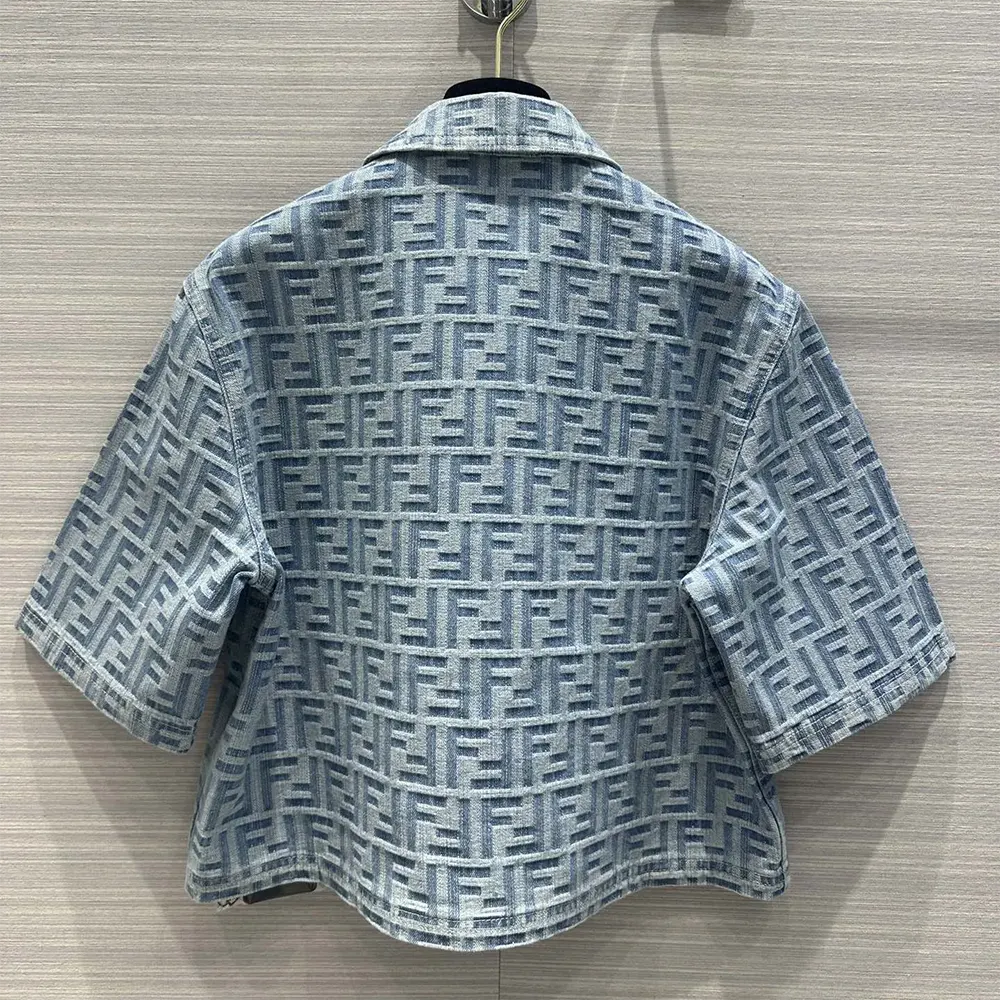 Side profile of Fendi Women Light Blue FF Denim Jacket with fitted silhouette