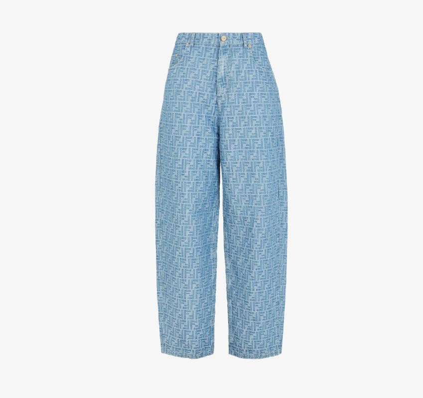 Front view of Fendi Women Long Jeans Light Blue FF Denim Pants