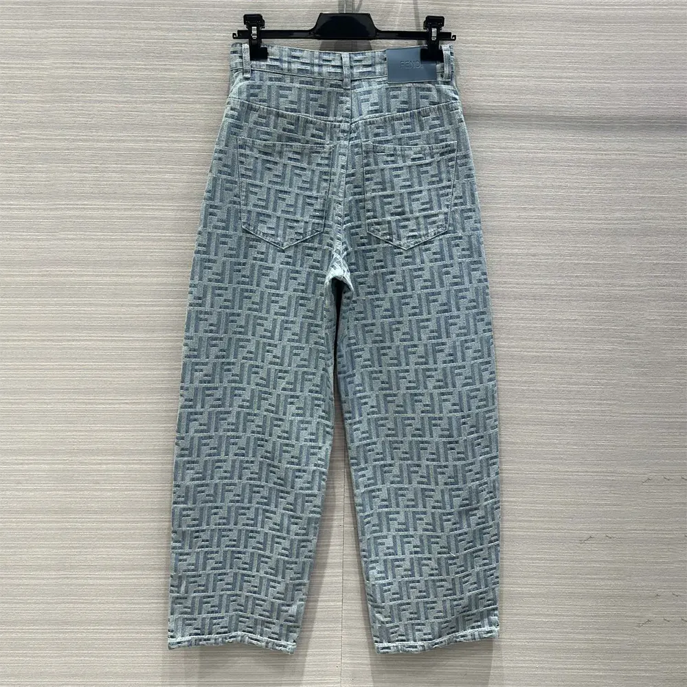 Side profile showing straight-leg cut of Fendi Women Long Jeans Light Blue FF Denim Pants