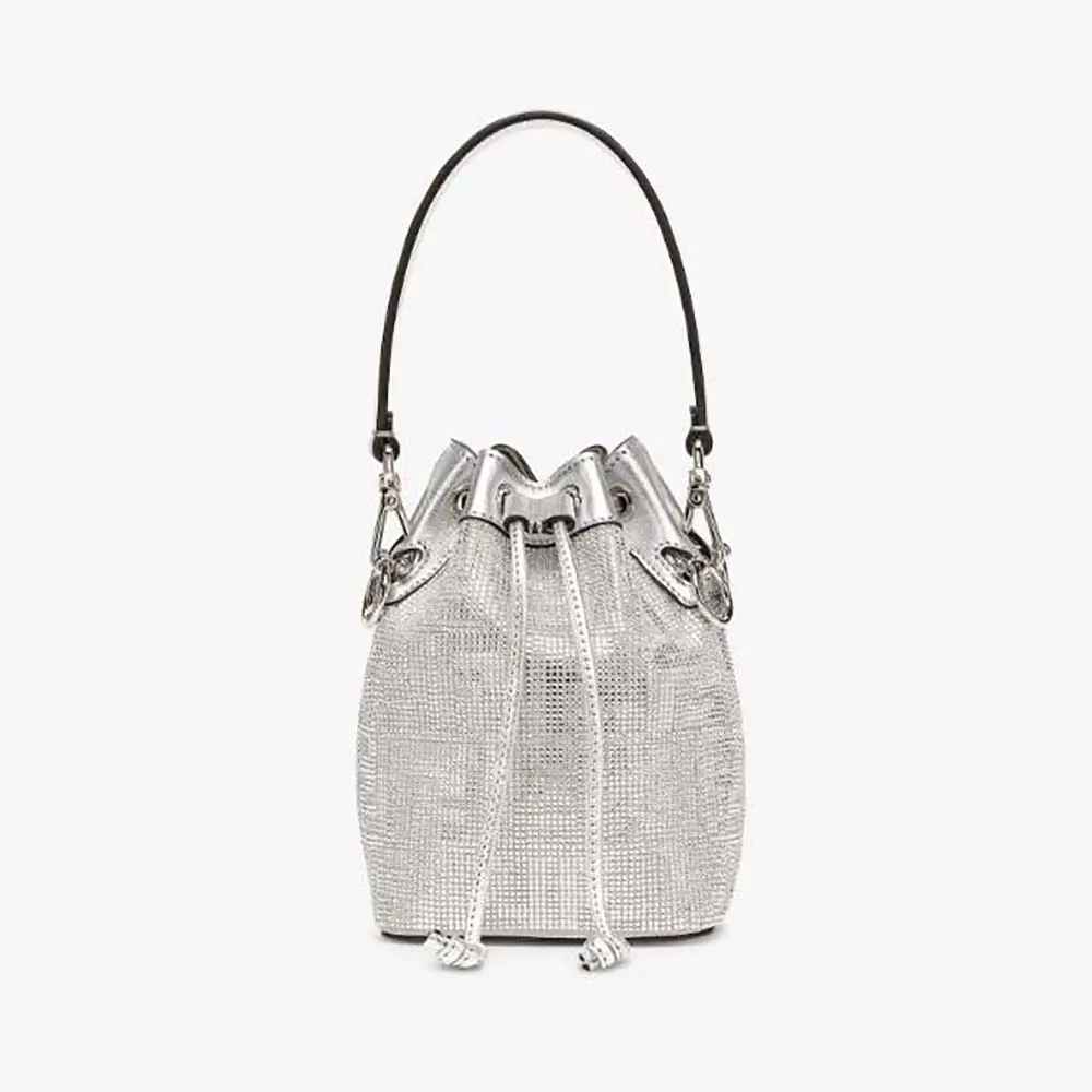 Fendi Women Mon Tresor Silver Leather Mini Bag with Crystal FF Motif