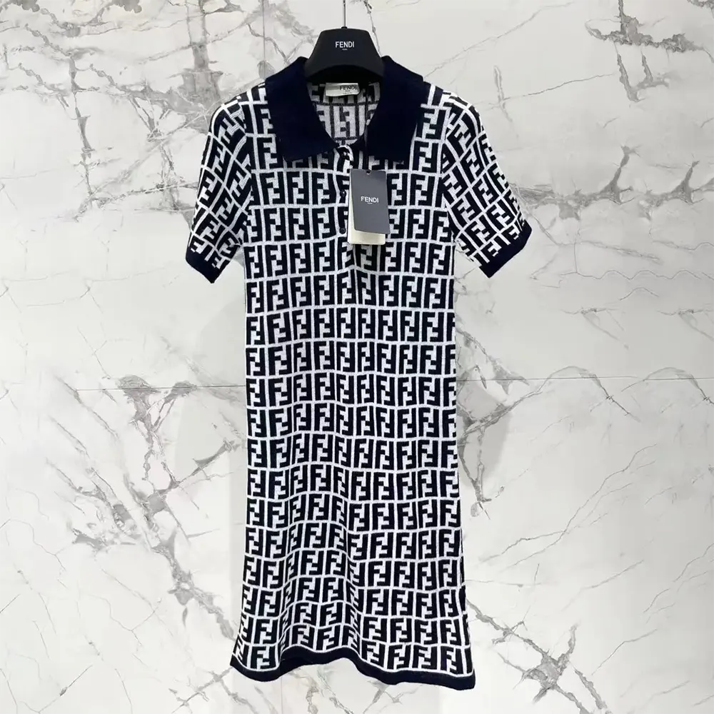 Front view of Fendi Women Navy Blue FF Cotton Dress showcasing FF logo print