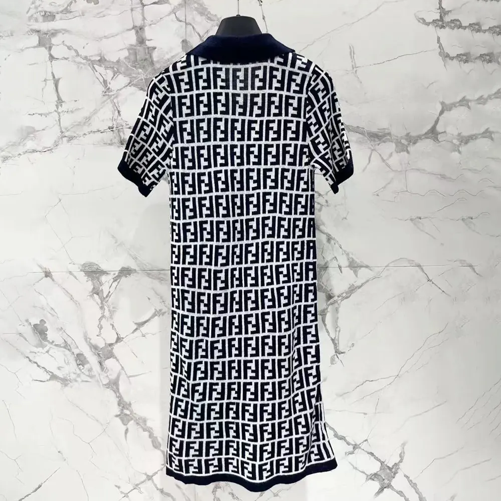 Close-up of collar and cuffs detailing on Fendi Women Navy Blue FF Cotton Dress