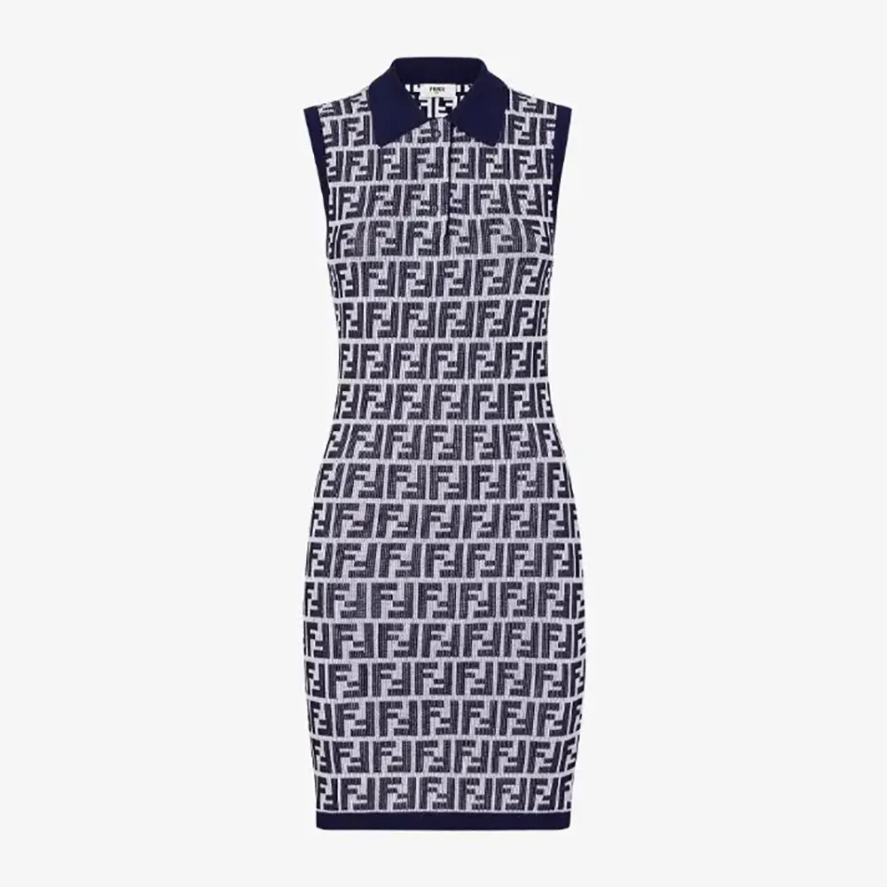 Front view of Fendi Women Navy Blue FF Cotton Dress highlighting logo pattern