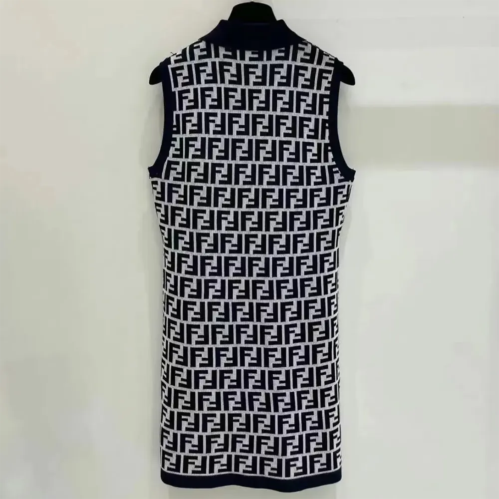 Side profile showing relaxed A-line silhouette of Fendi Women Navy Blue FF Cotton Dress