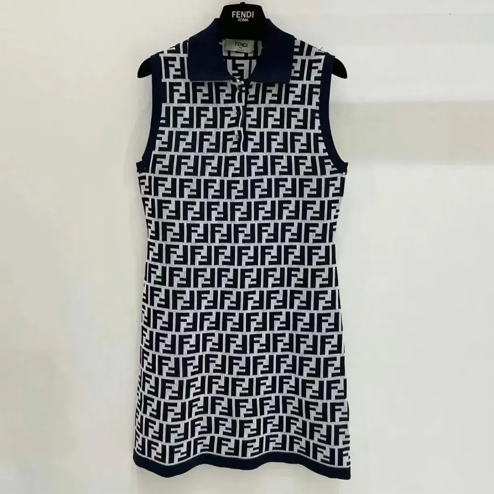 Close-up of fabric texture and subtle logo hardware on Fendi Women Navy Blue FF Cotton Dress
