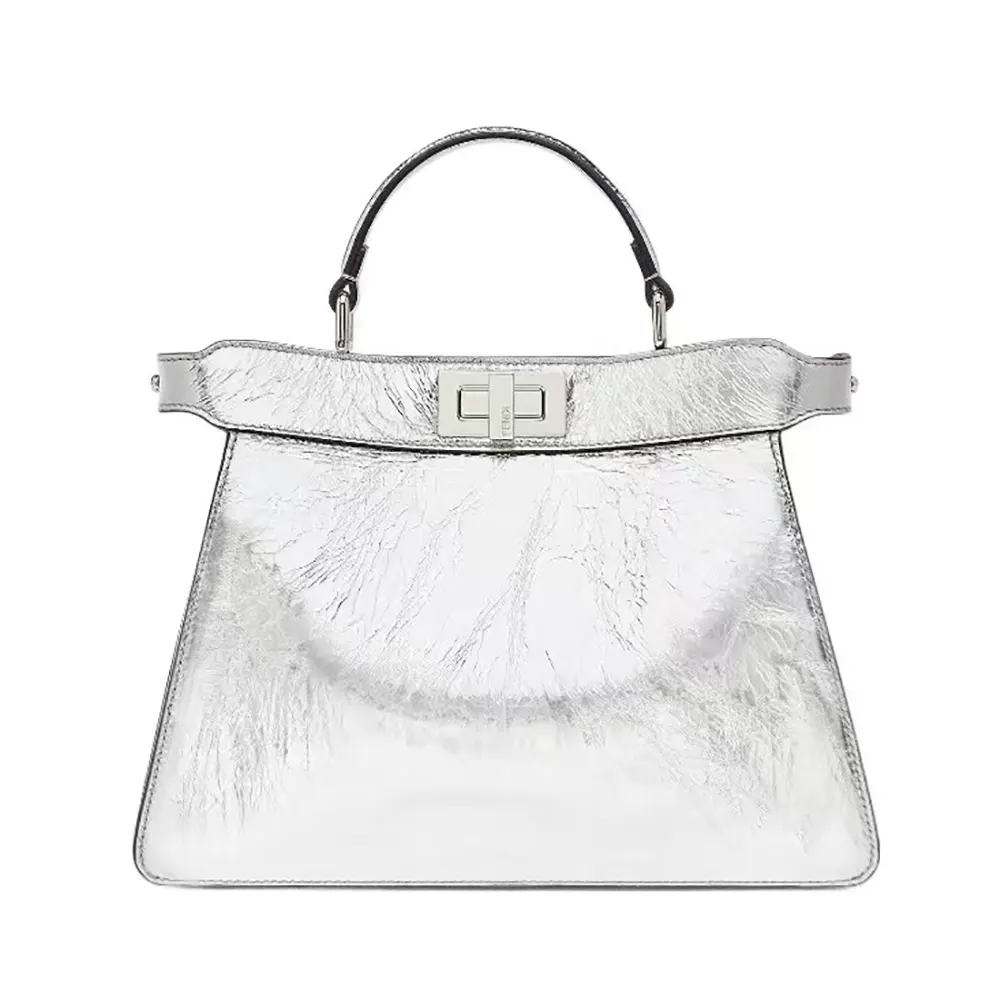 Front view of Fendi Women Peekaboo ISeeU Petite Small Silver Padded Nappa Leather Bag