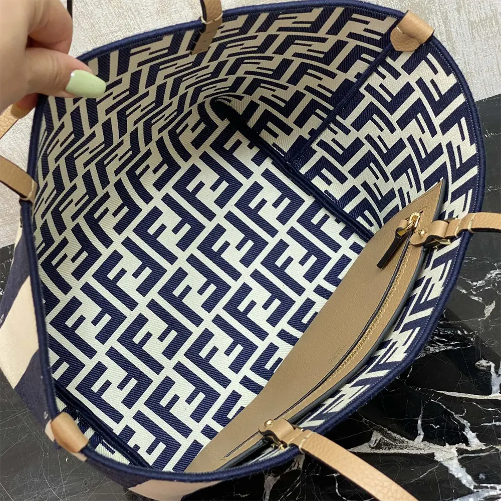 Fendi Women Small Roll Reversible Shopper in Pequin Striped and Midnight Blue FF Fabric - image 9
