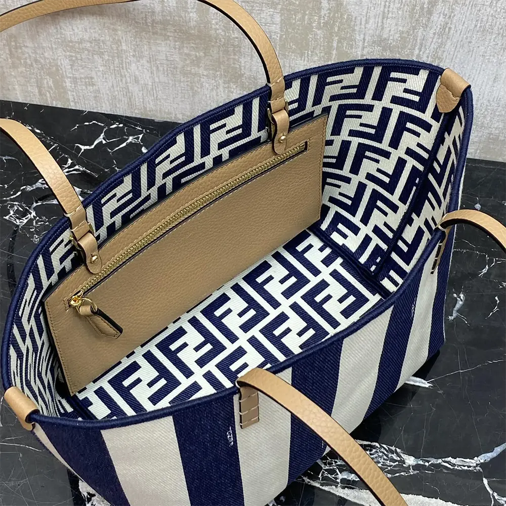 Fendi Women Small Roll Reversible Shopper in Pequin Striped and Midnight Blue FF Fabric - image 8