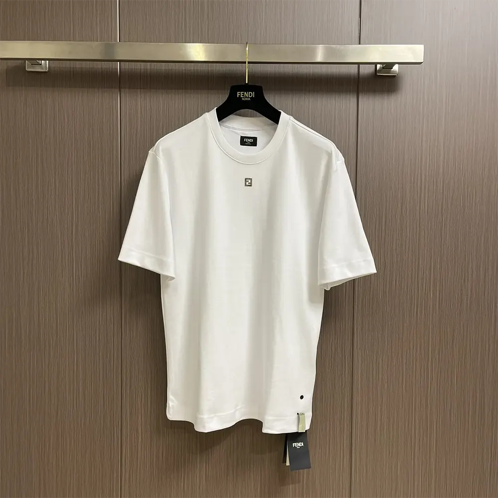 Close-up of Fendi logo detail on White Cotton T-shirt