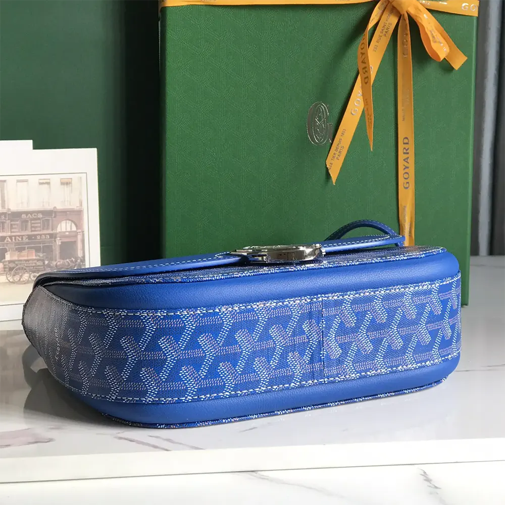 Side angle of Goyard Unisex 233 Bag-Blue showing adjustable shoulder strap