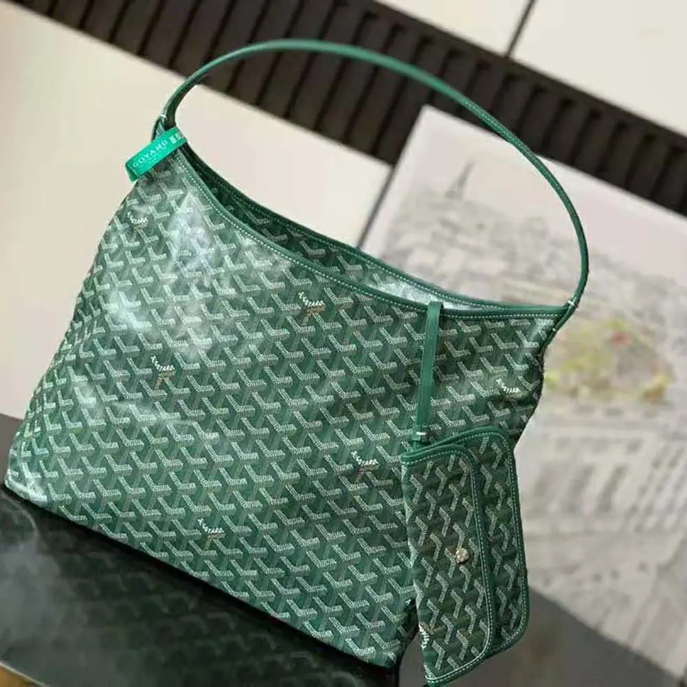 Close-up of Goyard Unisex Bohème Hobo Bag-Green brass hardware and zipper