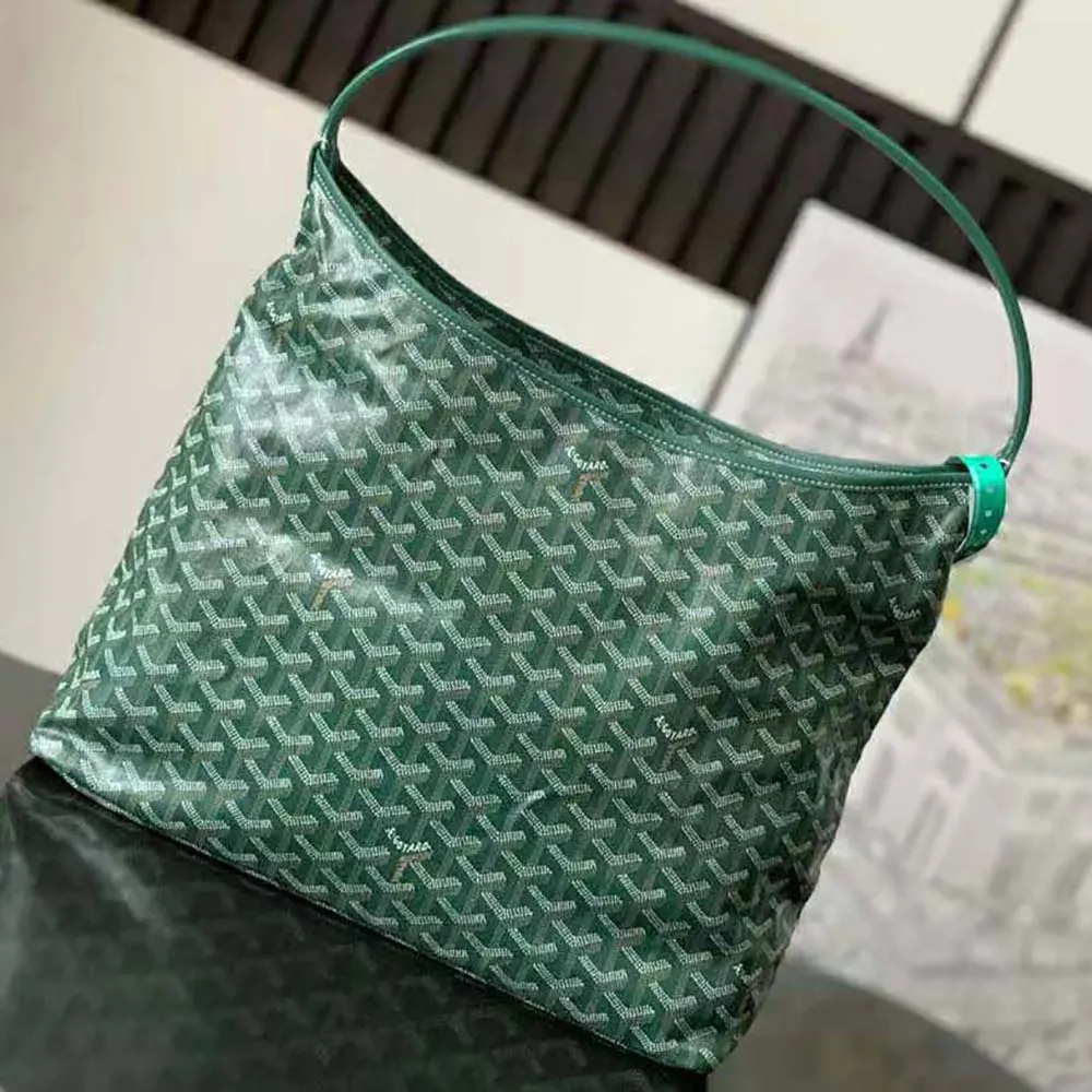 Side profile of Goyard Unisex Bohème Hobo Bag-Green with leather trims