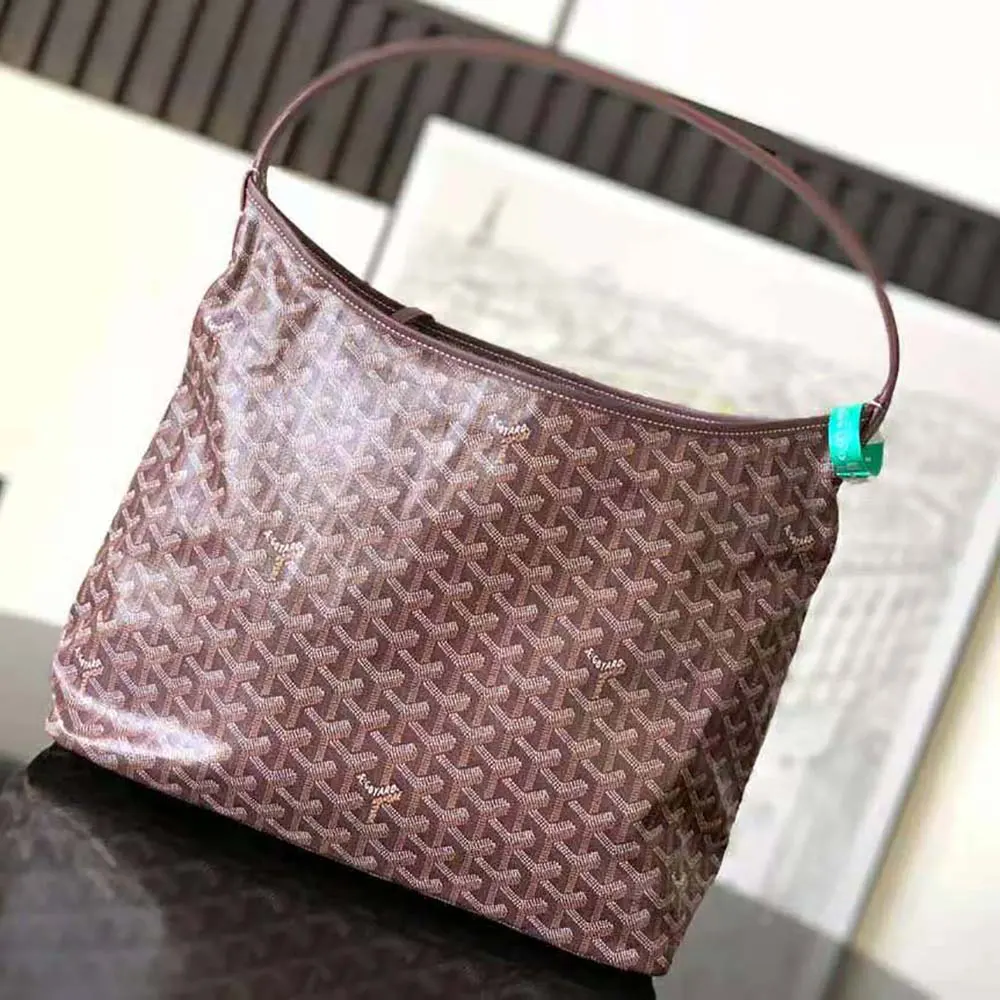 Side view highlighting leather trim and zip closure on Goyard Unisex Bohème Hobo Bag-Maroon