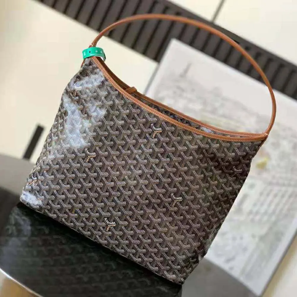 Side angle of Goyard Unisex Bohème Hobo Bag-Tan with zipper detail