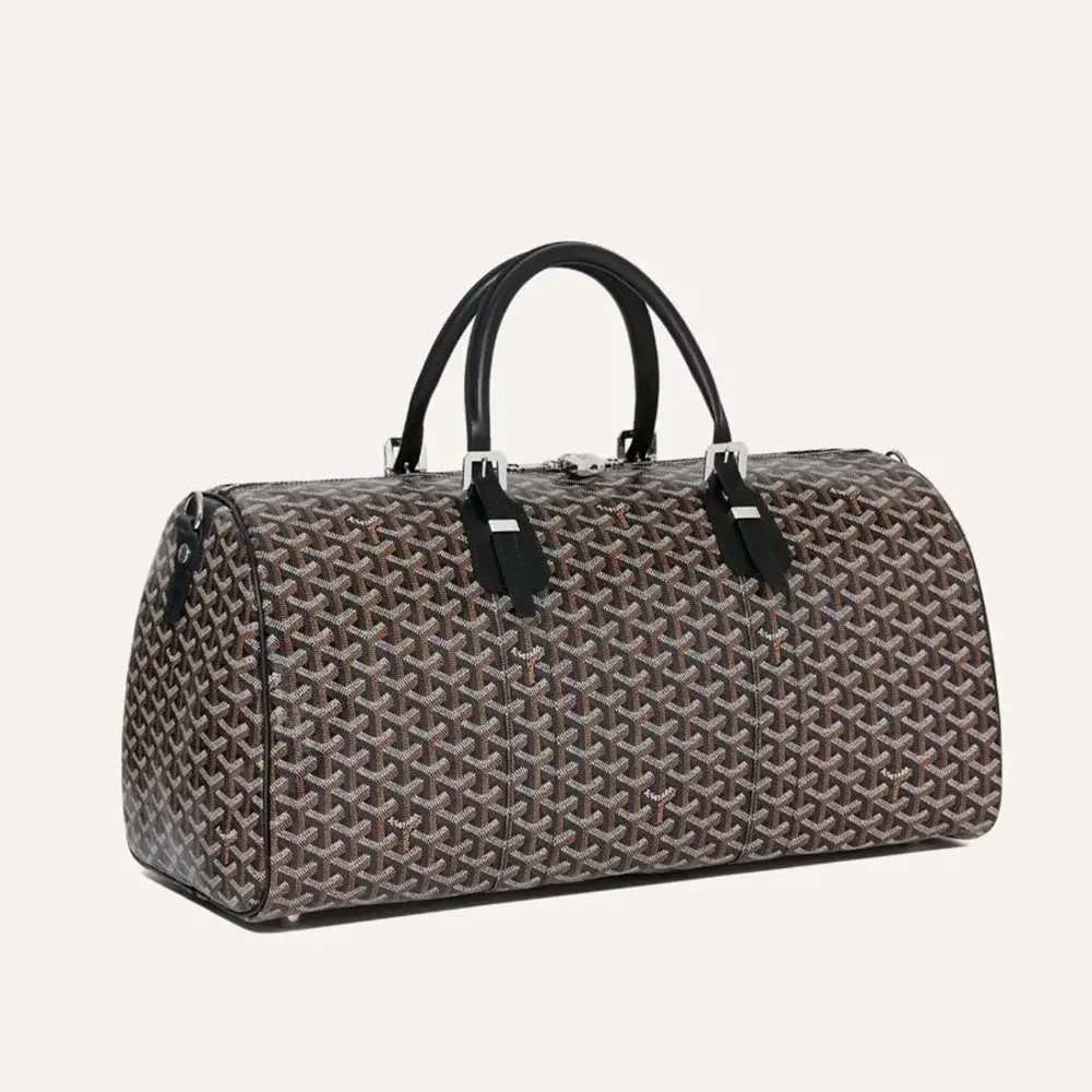 Front angle view of Goyard Unisex Boston 50 Bag-Black with leather trim
