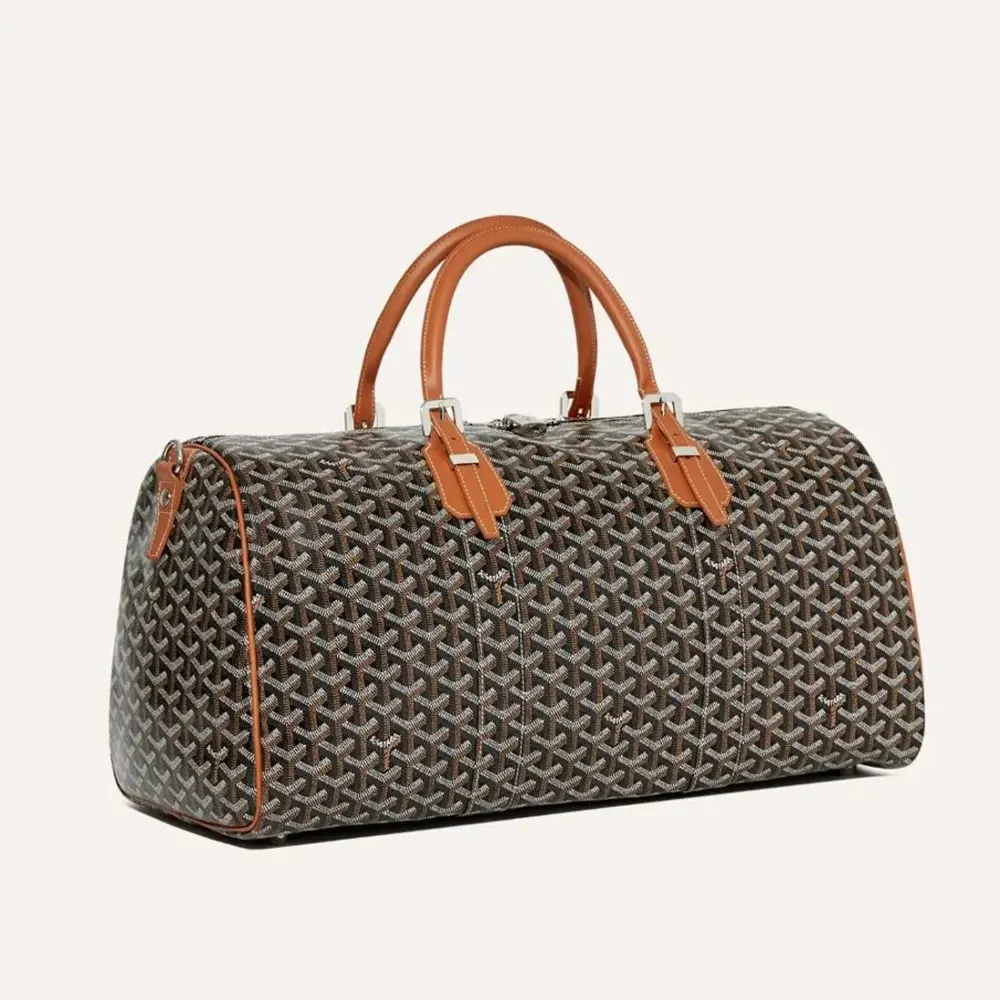 Front view of Goyard Unisex Boston 50 Bag-Brown showing chevron pattern