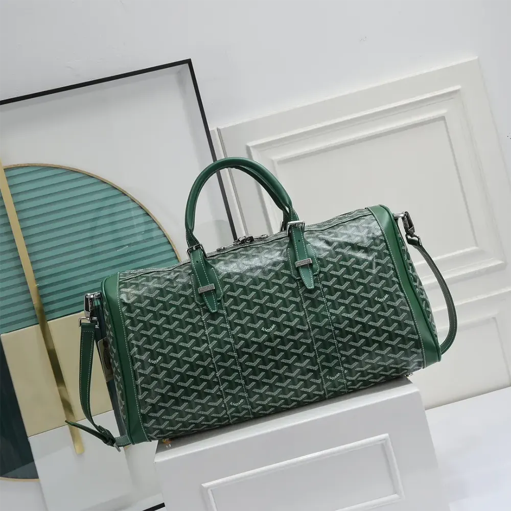 Close-up of gold hardware and chevron print on Goyard Boston 50 Bag-Green
