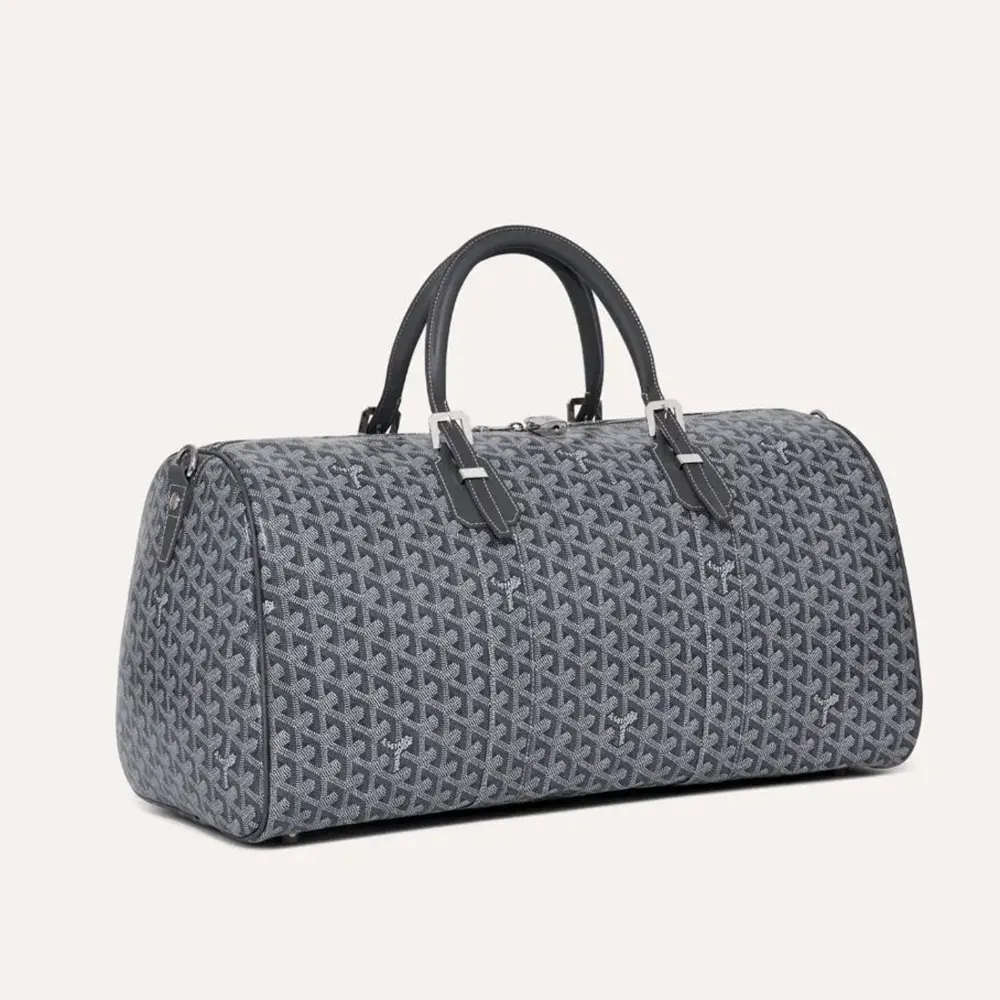 Front angle of Goyard Unisex Boston 50 Bag-Grey showing chevron pattern