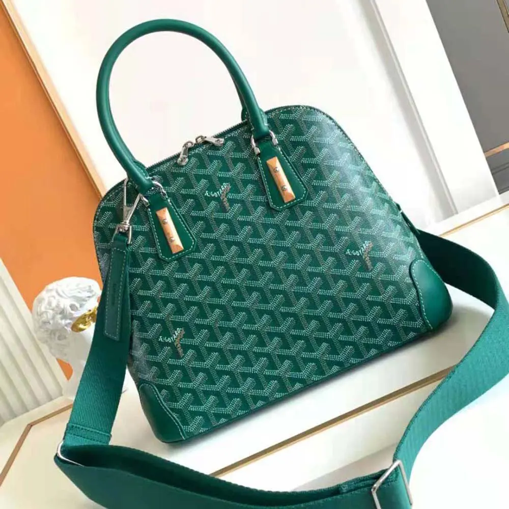 Close-up detail of signature Goyardine canvas on Vendôme PM Bag-Green
