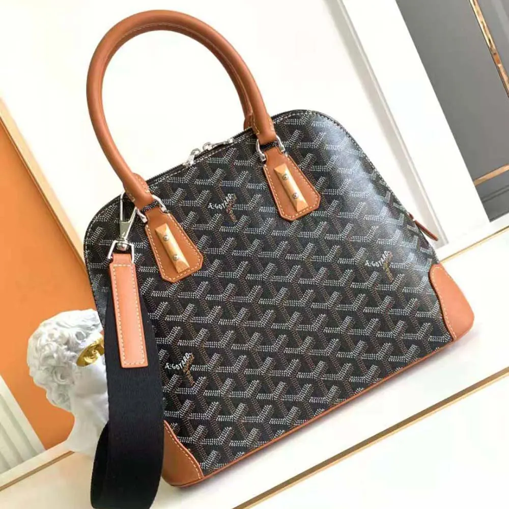 Side angle of Goyard Women Vendôme PM Bag-Tan showing compact silhouette