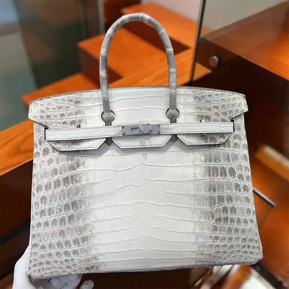 Close-up of silver hardware lock on Hermes Birkin 30 Bag White