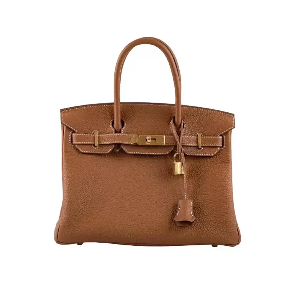 Front angle of Hermes Birkin 30 Bag in Epsom Leather Brown gold hardware