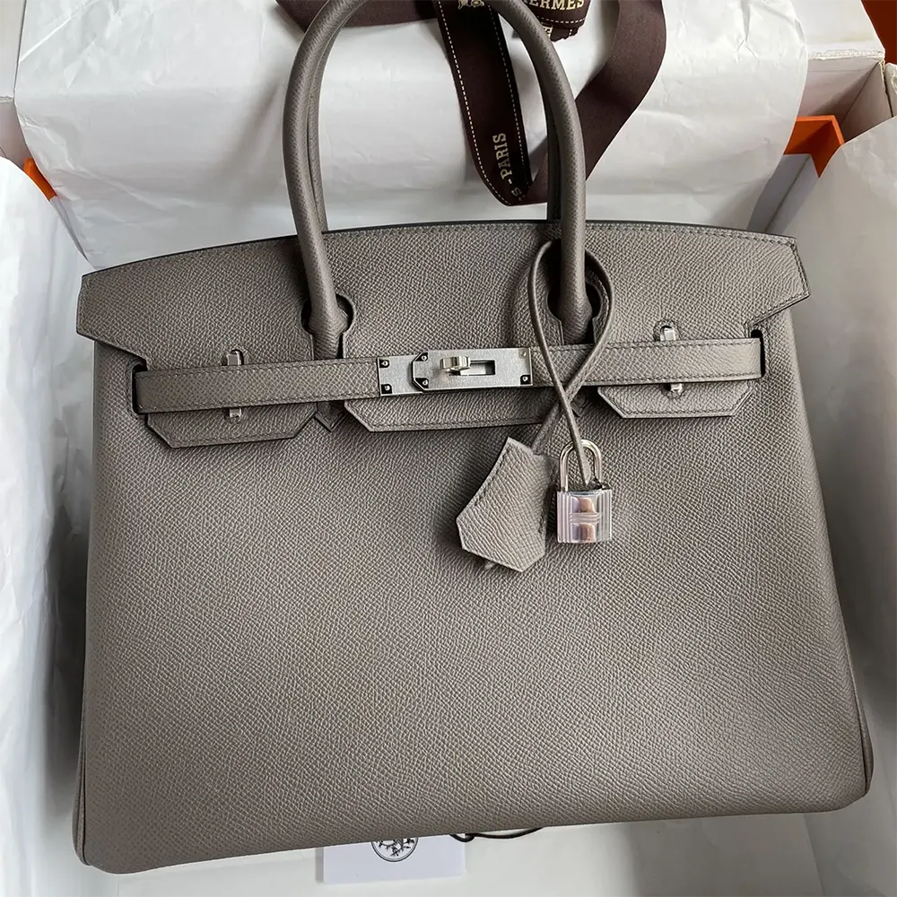 Close-up of silver hardware on Hermes Birkin 30 Bag in Gray