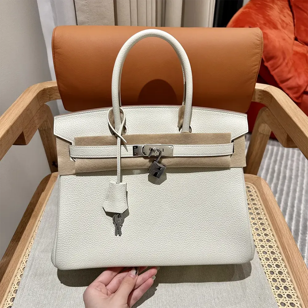 Close-up of silver lock and clasp detail on Hermes Birkin 30 Bag