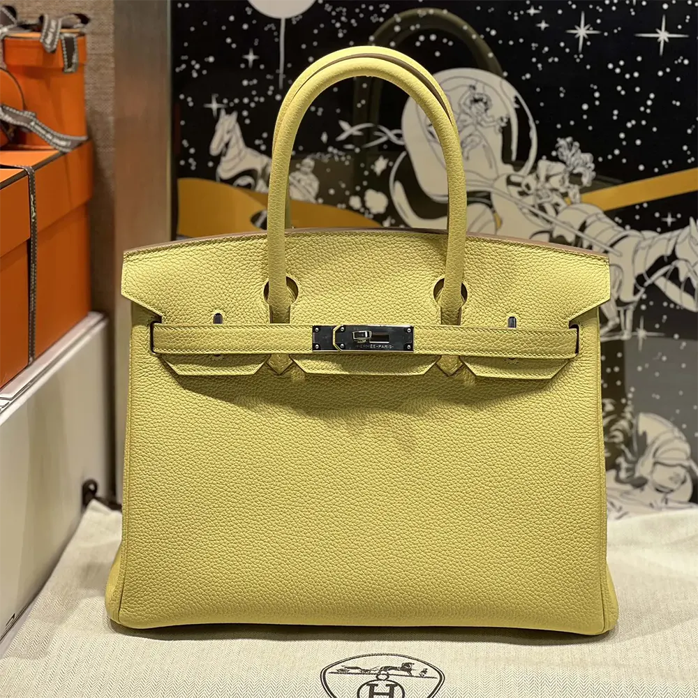 Close-up of silver hardware clasp on Hermes Birkin 30 Bag Yellow/Silver