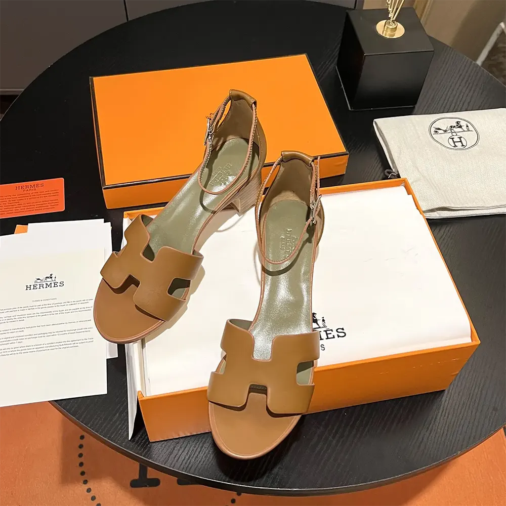 Top view of Hermes Women Encens 50 Sandal-Brown highlighting leather texture