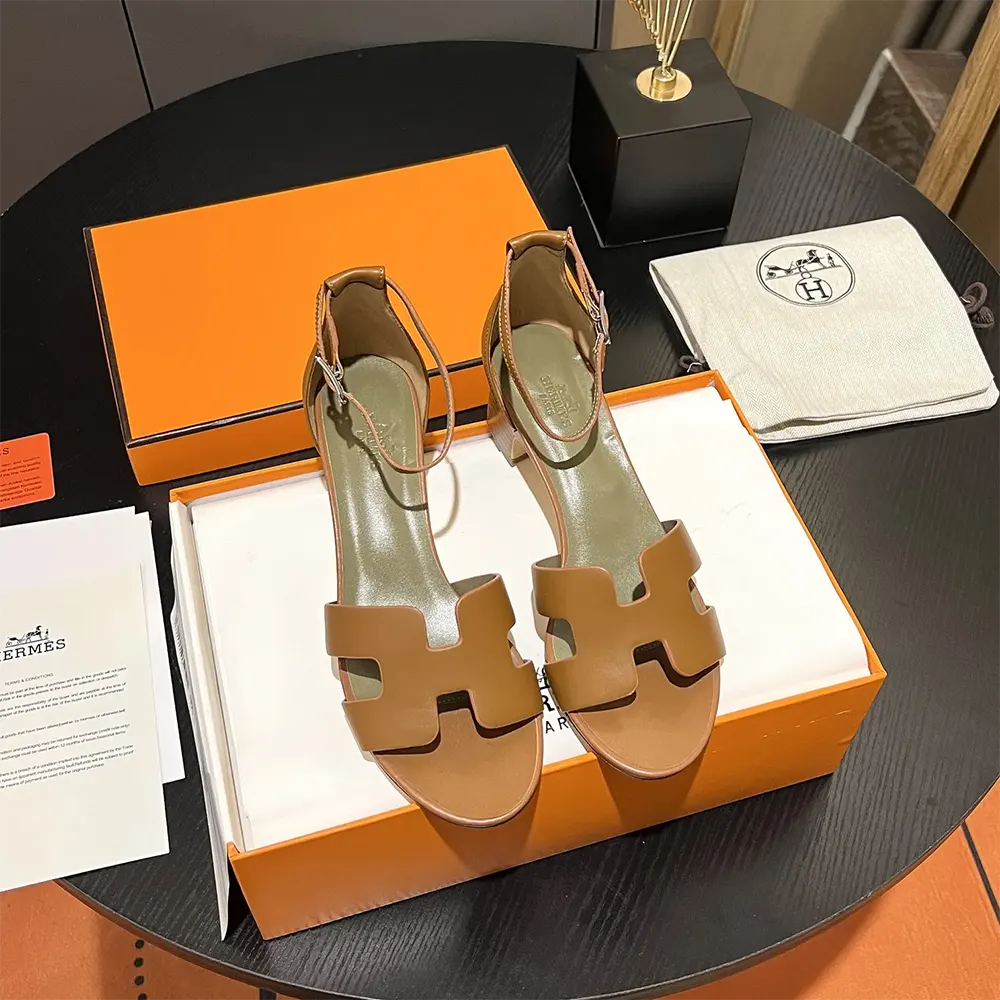 Close-up on signature Hermes buckle detail of Encens 50 Sandal-Brown