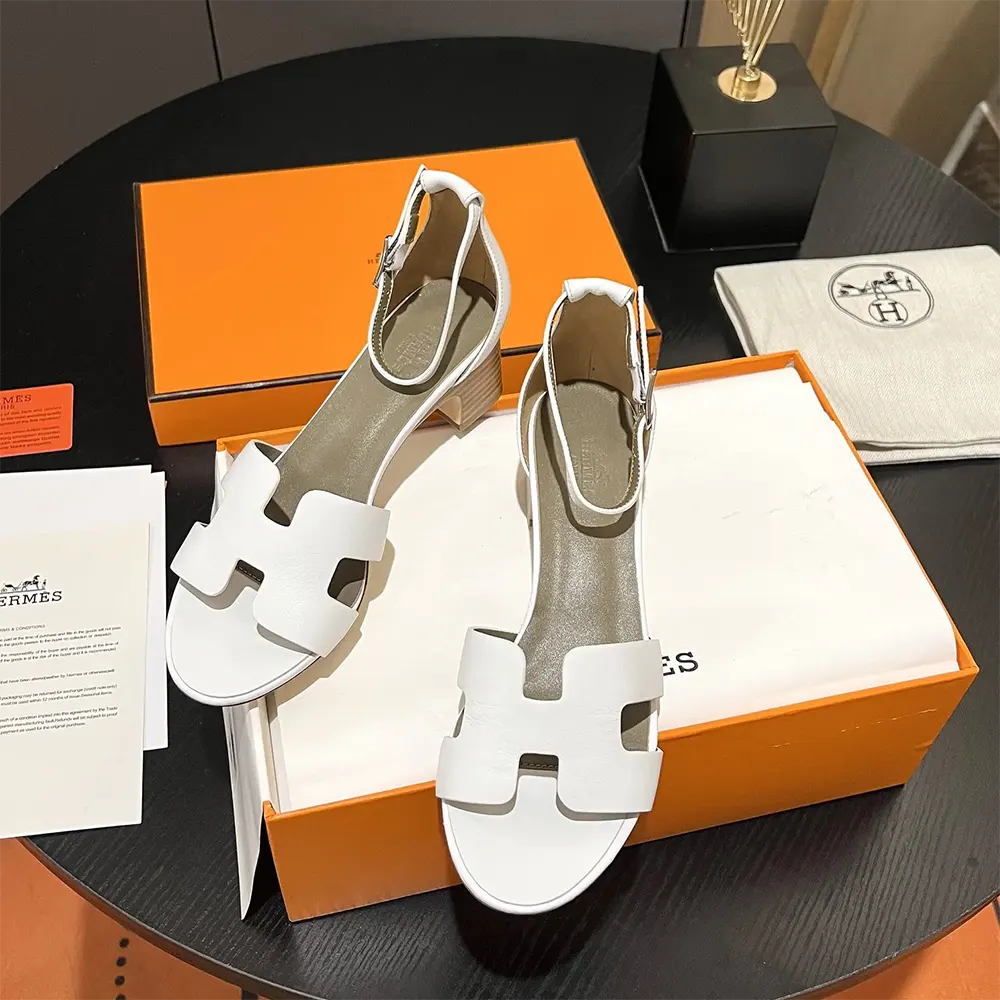 Top view of Hermes Women Encens 50 Sandal-White displaying adjustable buckle