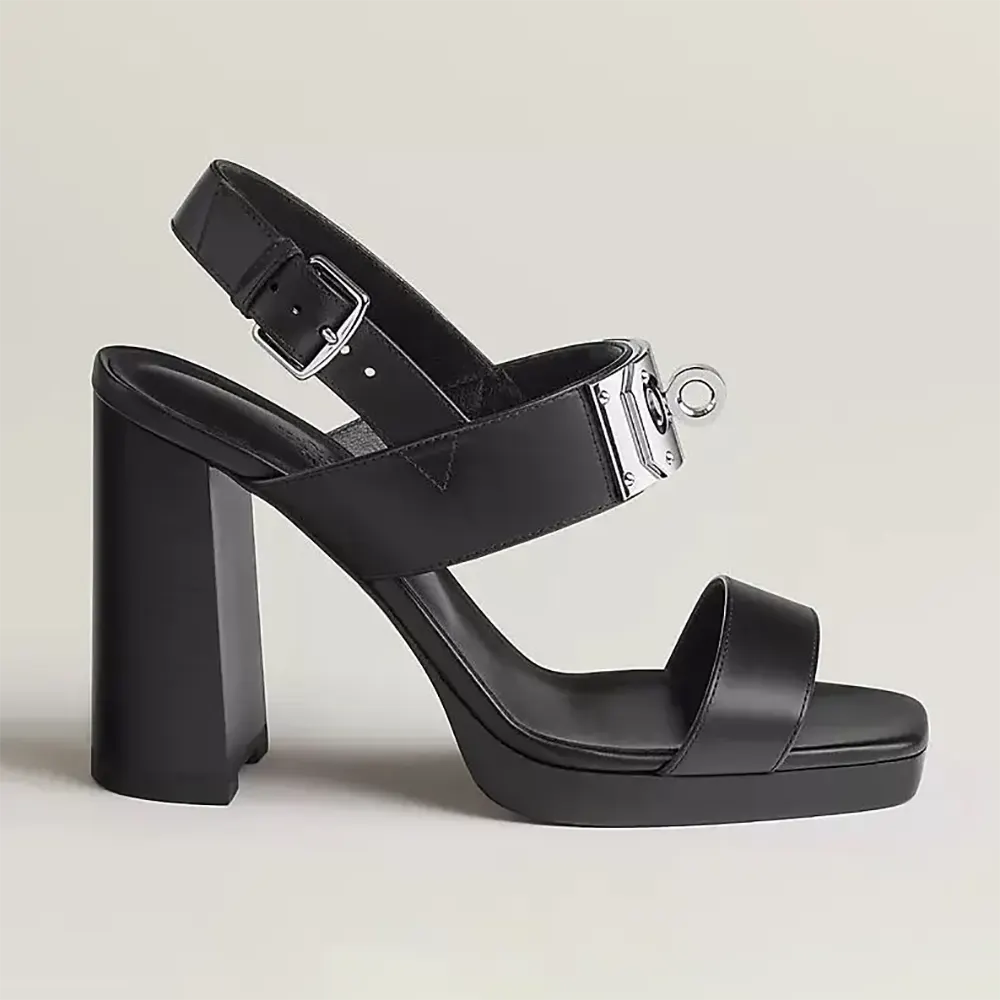 Front angle of Hermes Women Ilona 90 Sandal-Black showing sleek silhouette