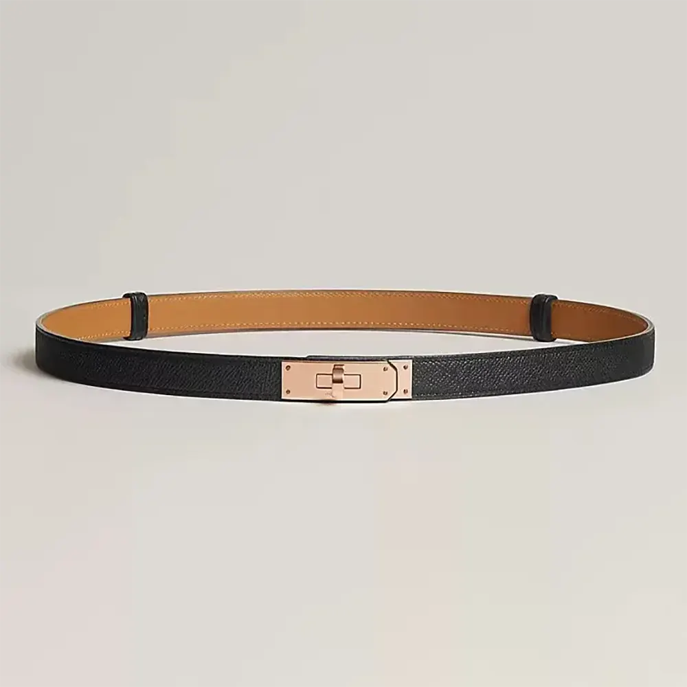 Front view of Hermes Women Kelly 18 Belt-Black with gold H buckle