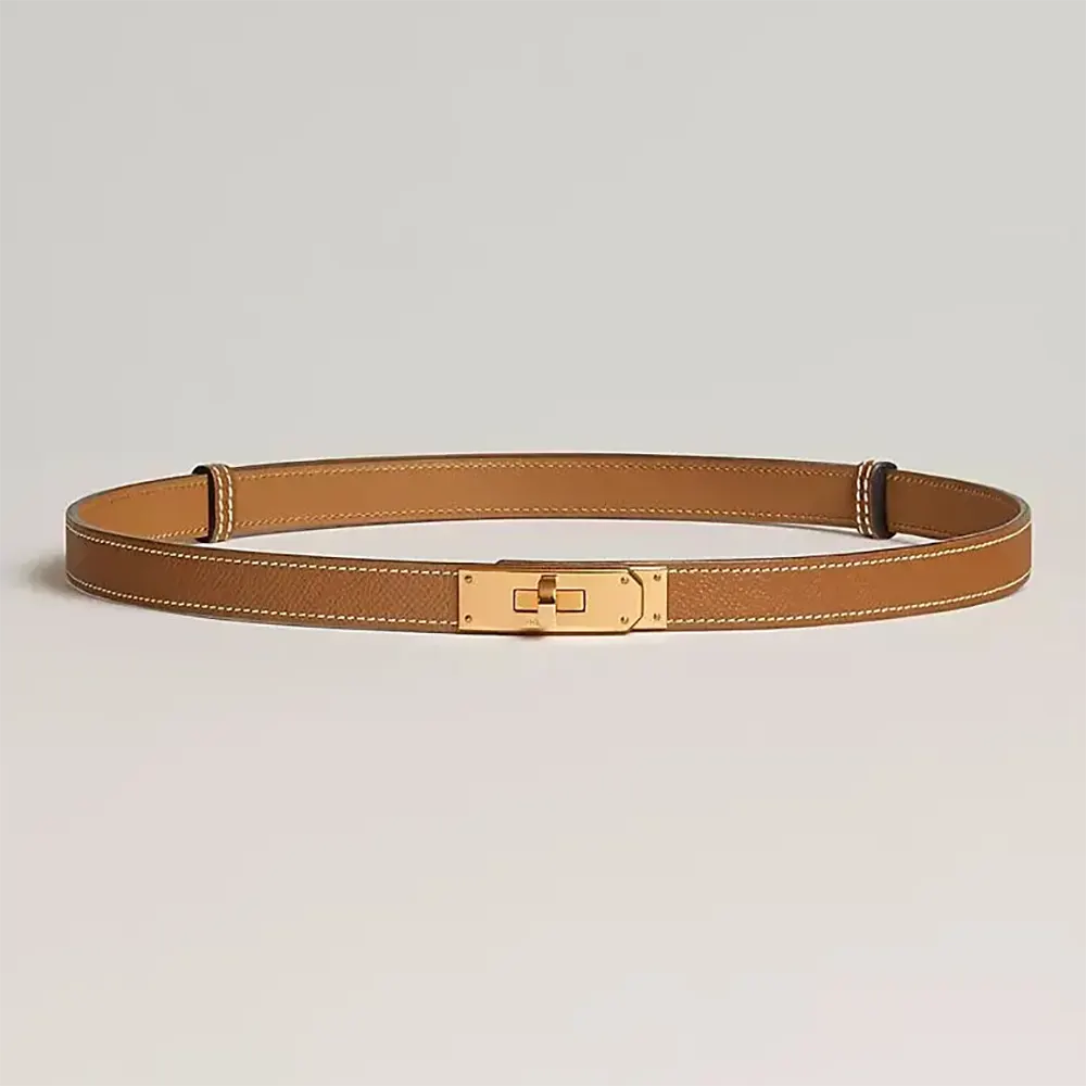 Front view of Hermes Women Kelly 18 Belt-Brown showcasing red leather