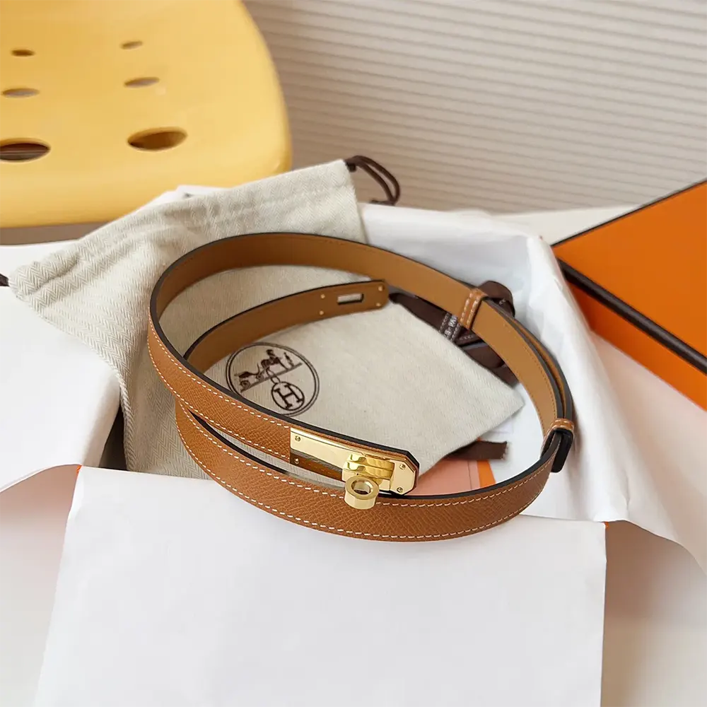 Side angle detail highlighting Hermes Women Kelly 18 Belt-Brown craftsmanship