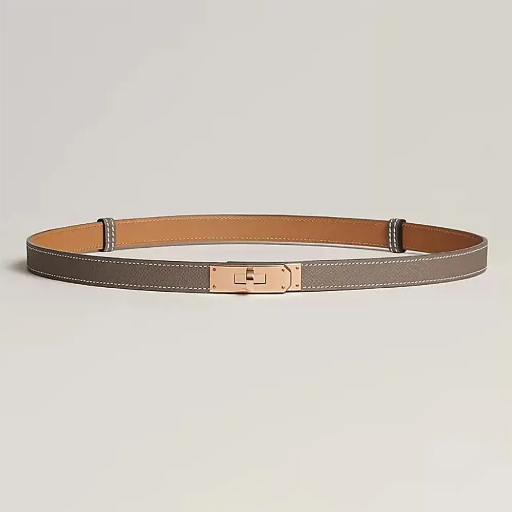 Front view of Hermes Women Kelly 18 Belt-Grey with silver buckle