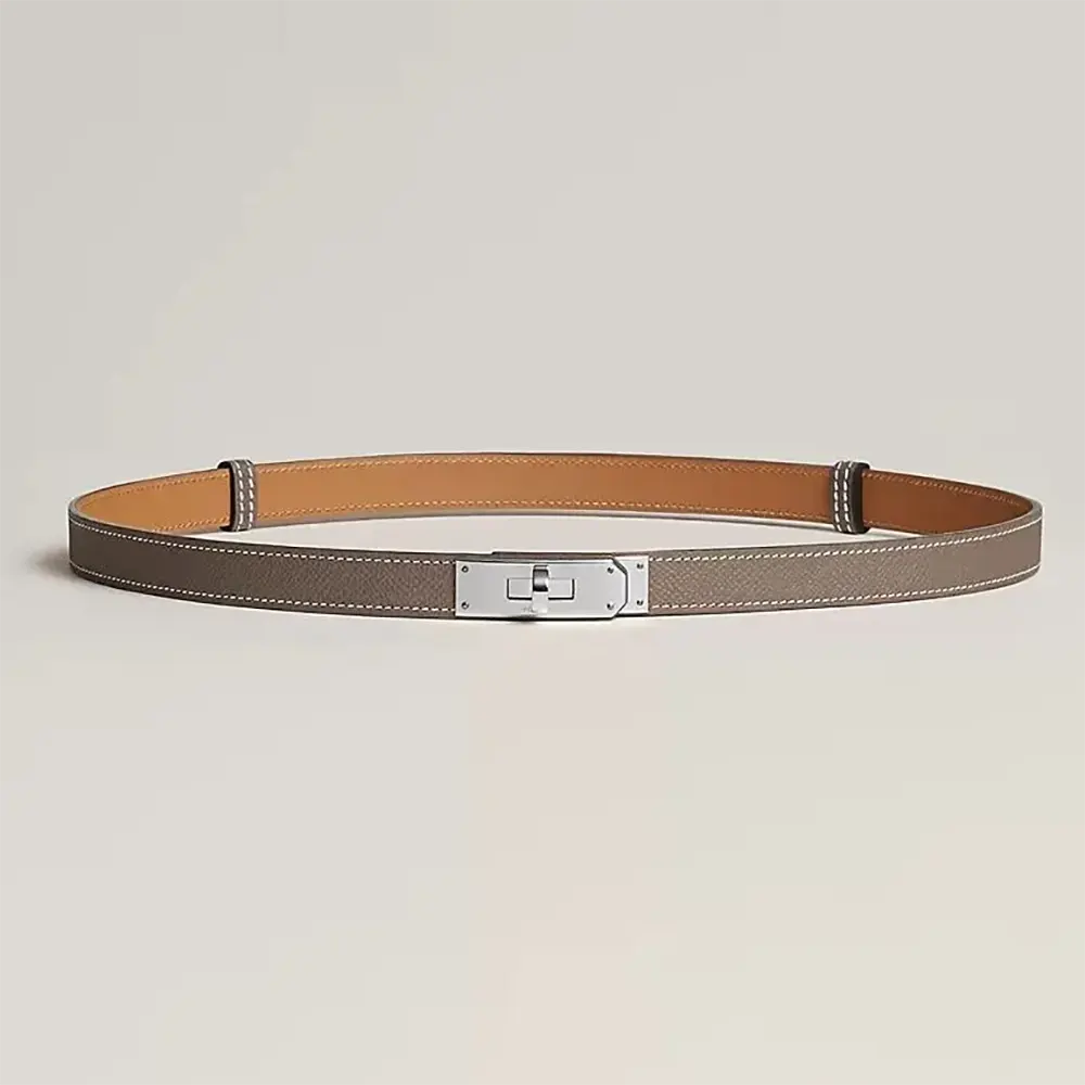 Front view of Hermes Women Kelly 18 Belt-Grey with silver buckle