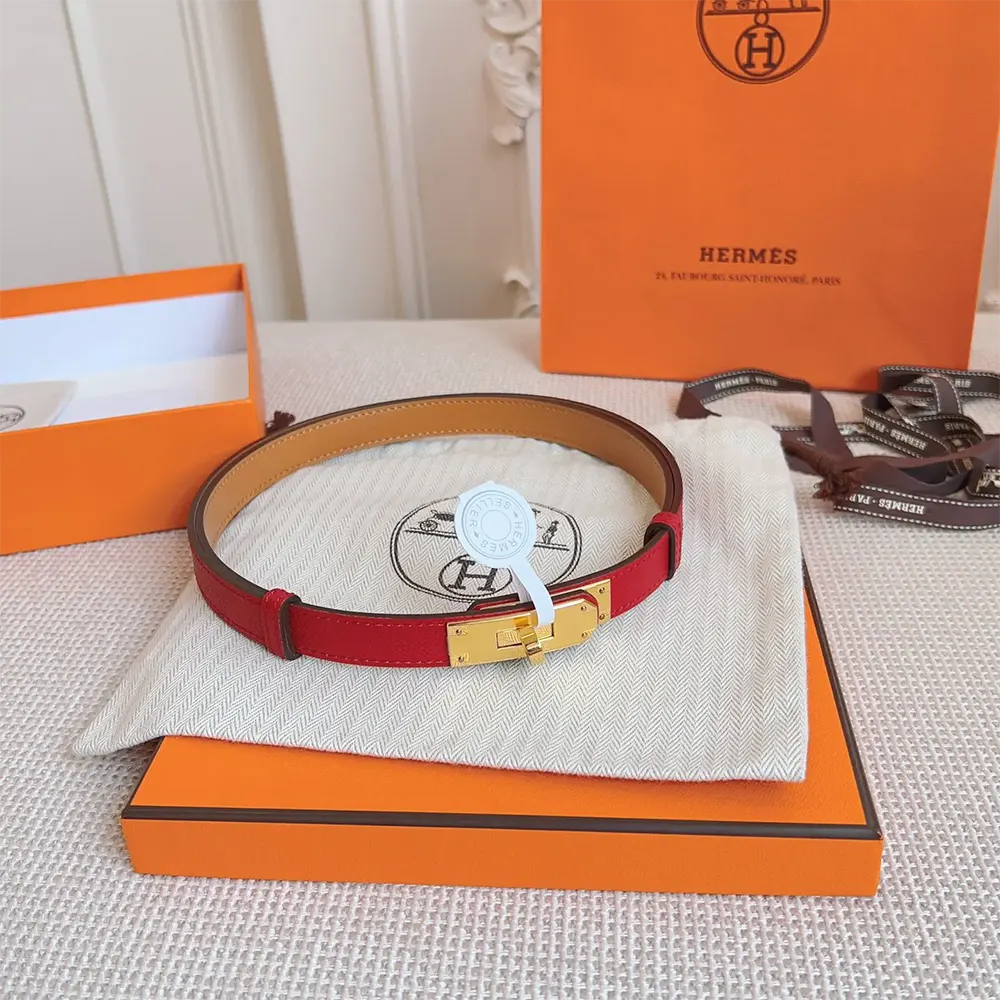 Side angle showing slim silhouette of Hermes Women Kelly 18 Belt-Red