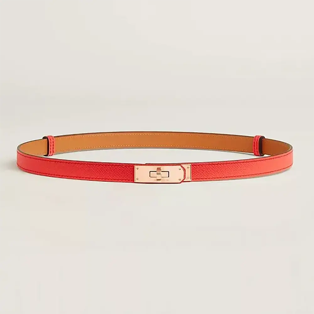 Front view of Hermes Women Kelly 18 Belt-Red with gold buckle