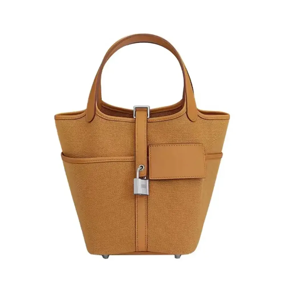Front view of Hermes Women Picotin Lock 18 Pockets Goeran Canvas Leather-Brown handbag