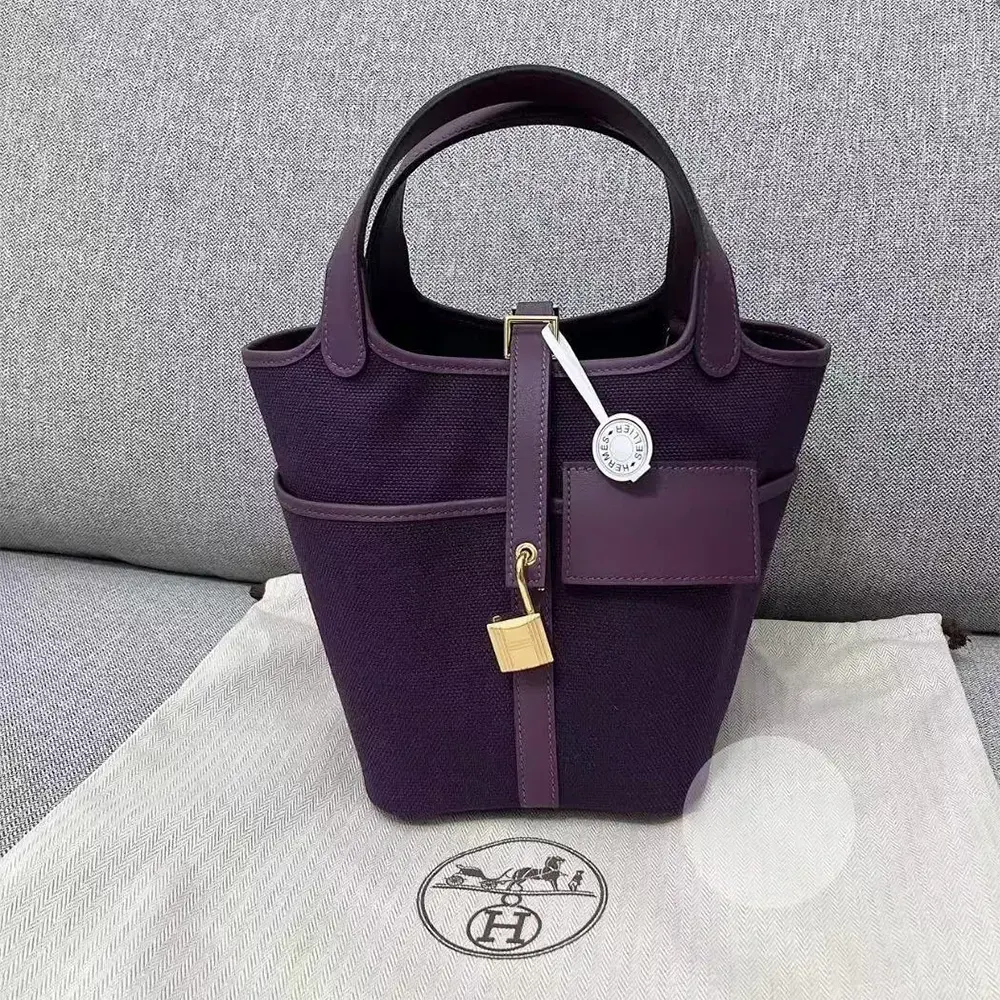 Side angle showing purple Goeran canvas and leather on Hermes Picotin